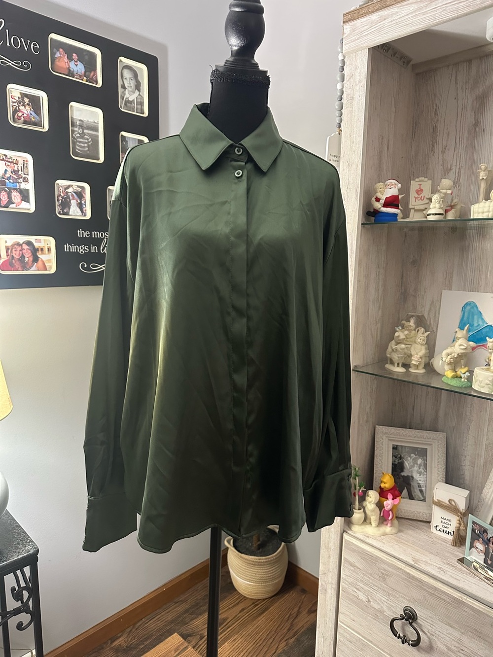 Zara Deep Olive Green Satin Button-Down Shirt